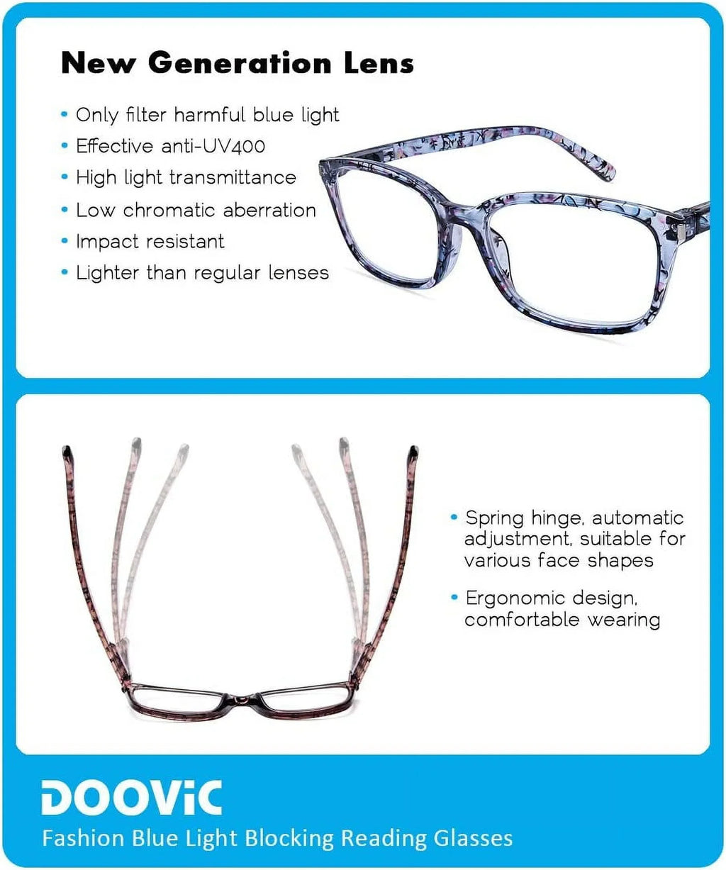DOOViC 4 Pack Computer Reading Glasses Blue Light Blocking Anti Eyestrain Spring Hinge Stylish Readers for Women 1.25 Strength