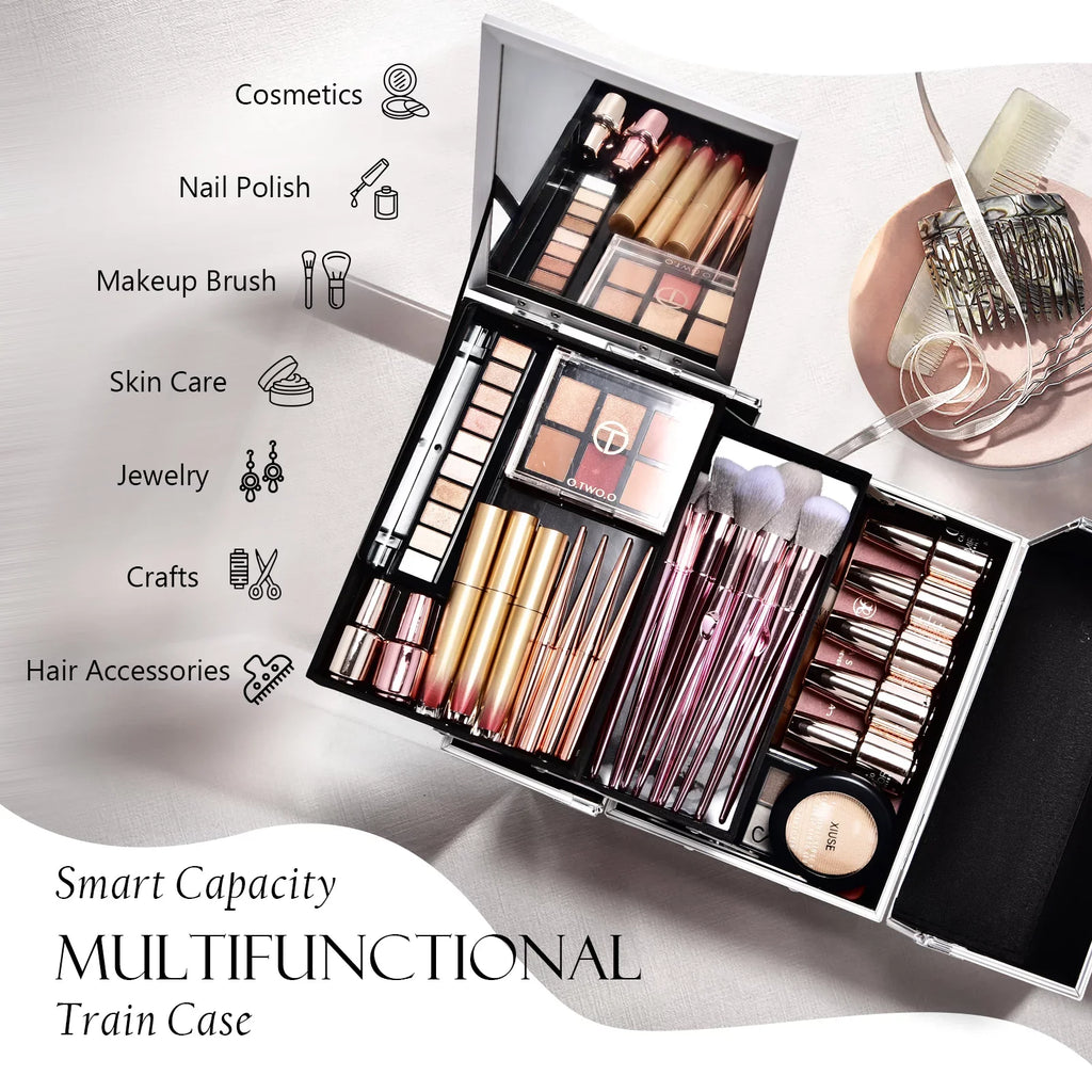 Joligrace Makeup Train Case Cosmetic Organizer Box with Mirror Lockable 2 Trays Makeup Storage Case