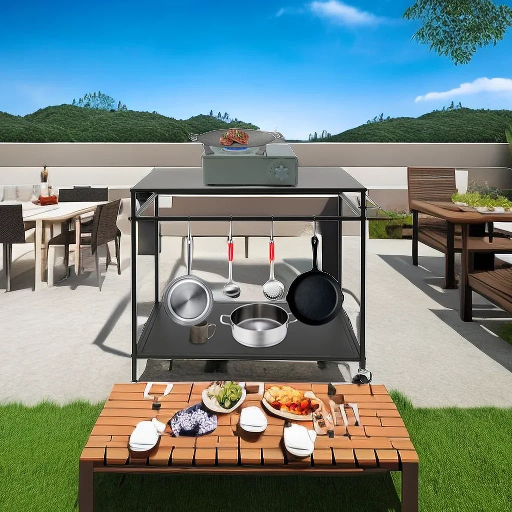 Outdoor Cook Station Table 2-Tier Shelf Food Prep  Grill Serving Cart Movable Rack