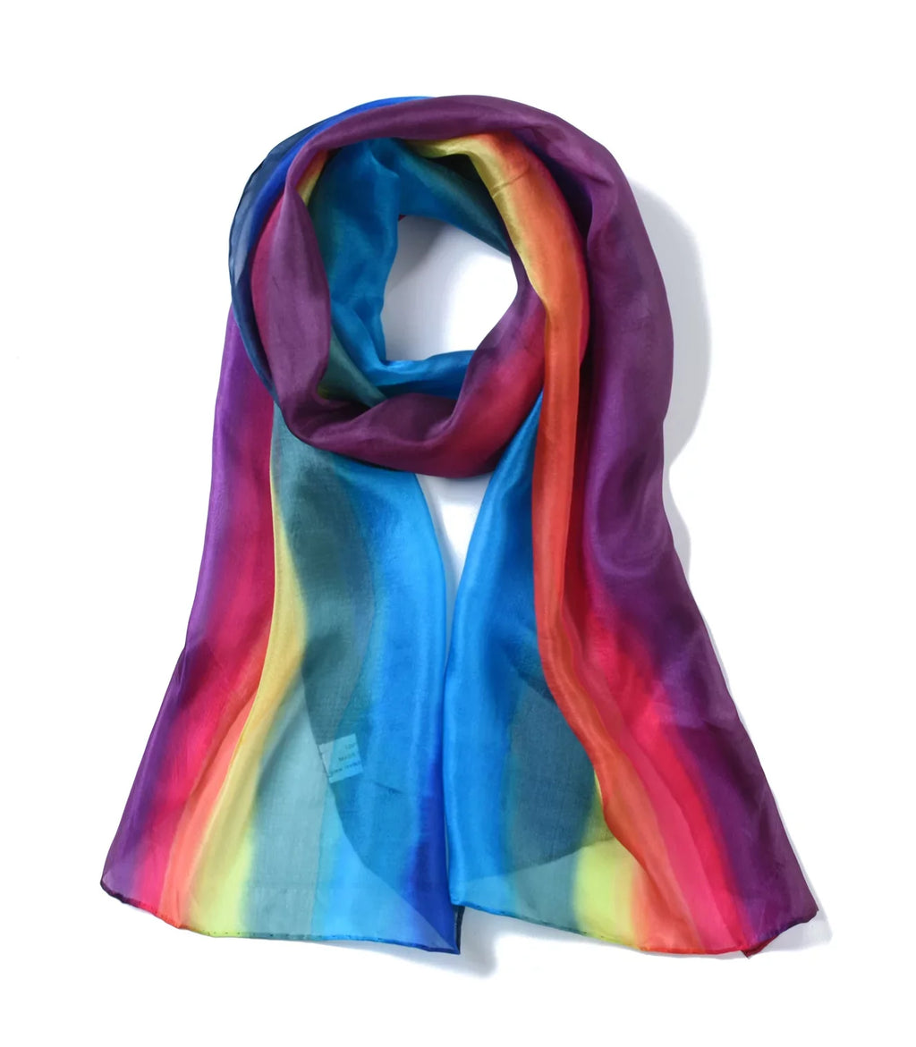 Invisible World Women's 100% Mulberry Silk Scarf Long Hand Painted Rainbow