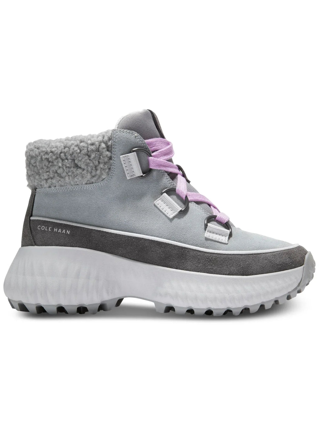 Womens Gray Faux Shearling Cuff Waterproof Cushioned Zerogrand Flurry Round Toe Wedge Lace-Up Leather Hiking Boots 5