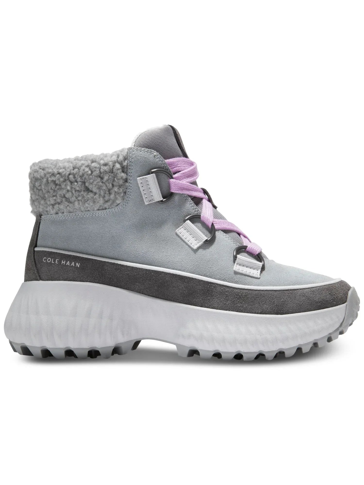 Womens Gray Faux Shearling Cuff Waterproof Cushioned Zerogrand Flurry Round Toe Wedge Lace-Up Leather Hiking Boots 5